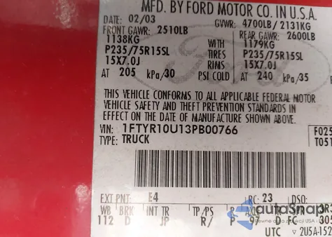 2003 Ford Ranger Edge/Xl/Xlt z USA, uszkodzony, nr VIN 1FTYR10U13PB00766